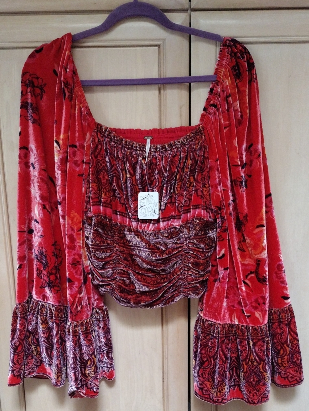 FP Catching Feelings Velvet Whimsigoth Bell Sleeve Witchy Smocked Crop Top